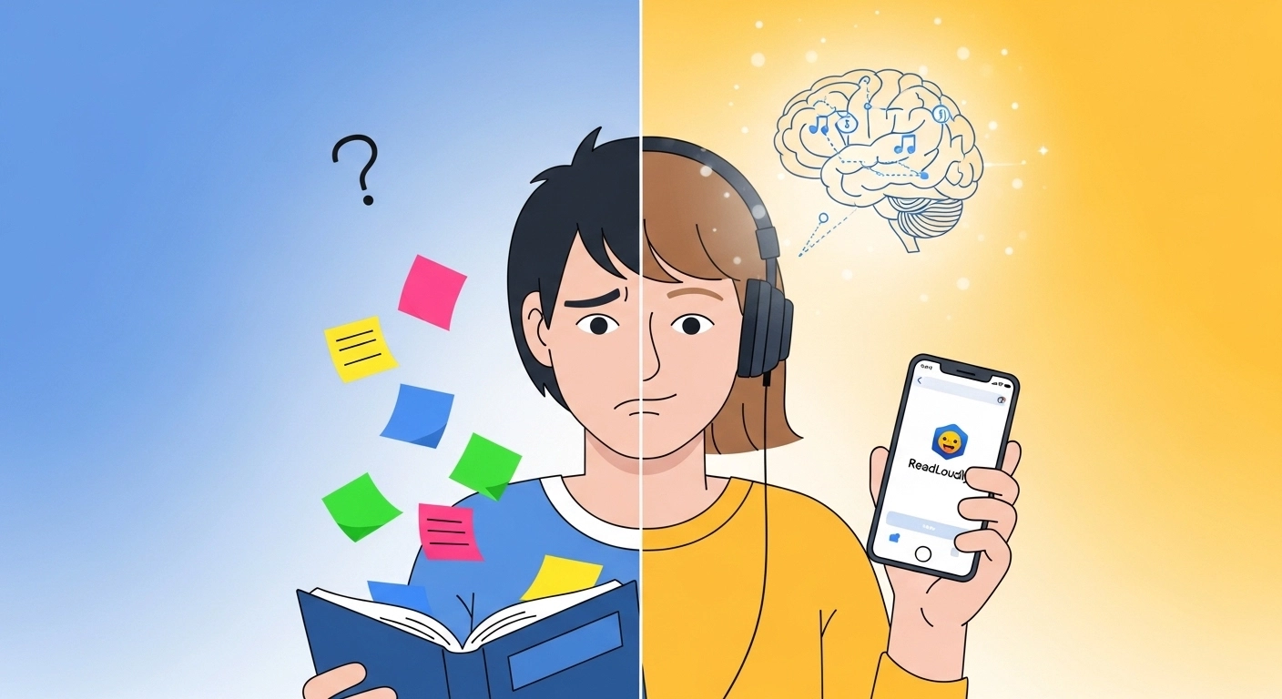 Comparison of struggling reader vs person using AI reading retention tools with ReadLoudly app