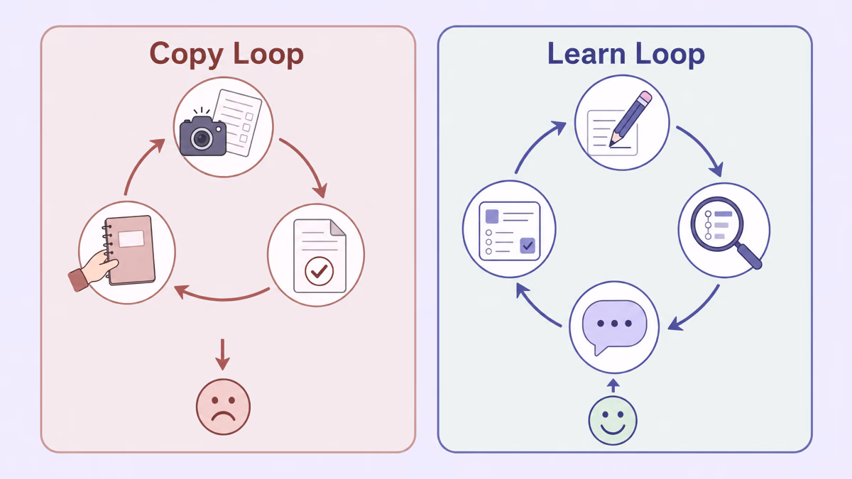 Diagram comparing a copy loop, where a student photographs a worksheet, gets a checked answer and hands it in, with a learn loop of trying, checking steps, explaining and taking a quiz