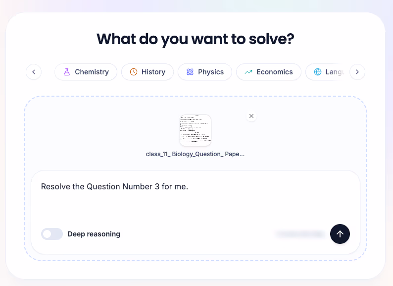 ReadLoudly Solve screen with a photo of a Class 11 biology question paper attached, the request Resolve the Question Number 3 for me, subject chips and a Deep reasoning switch