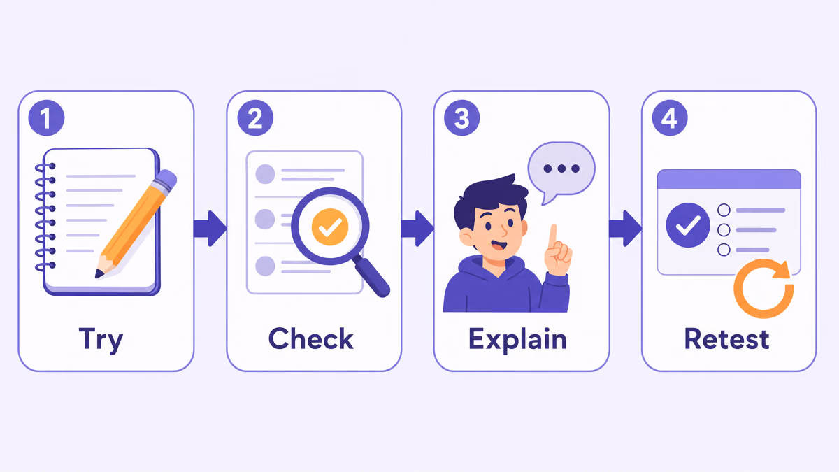 Four-step study routine for using an AI homework solver: 1 Try, 2 Check, 3 Explain, 4 Retest