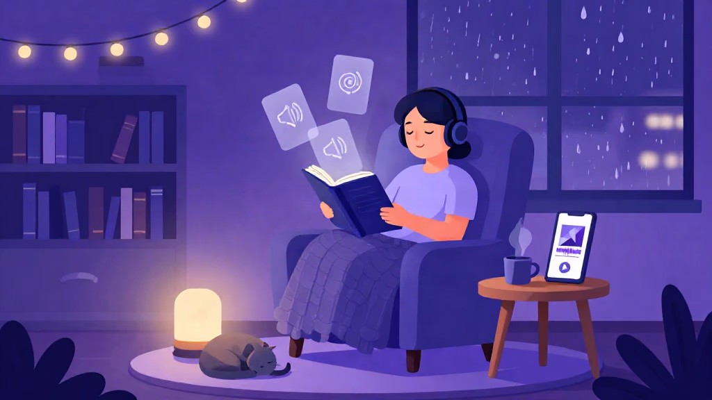 Reader curled up in an armchair with headphones, a storybook, and a phone playing an audiobook