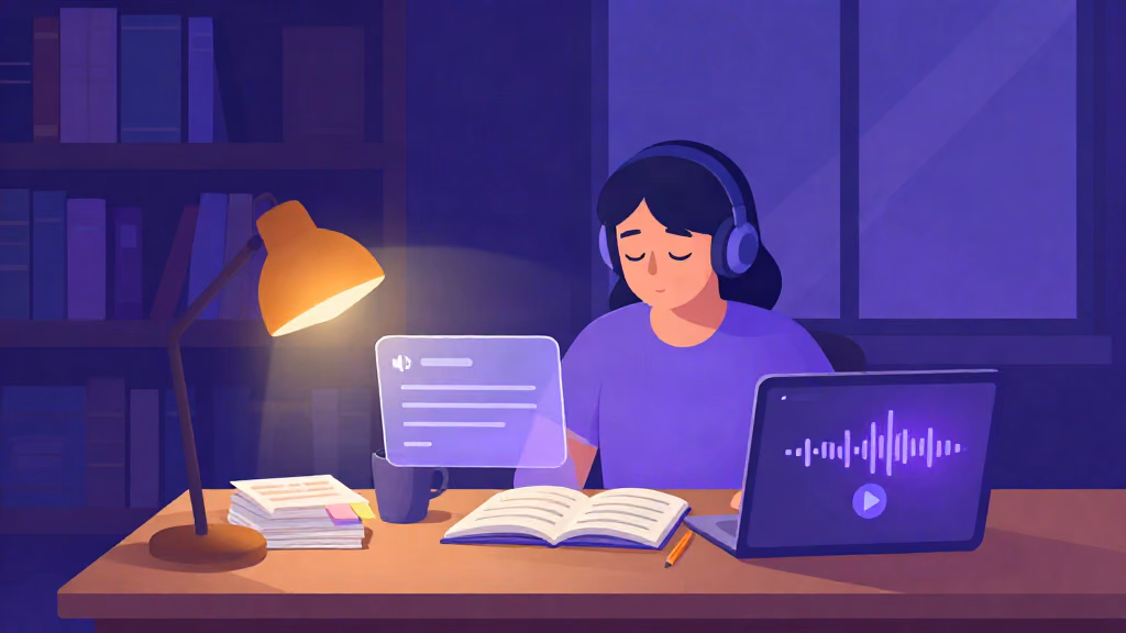 Student with headphones listening to lecture handouts read aloud by an AI voice at night