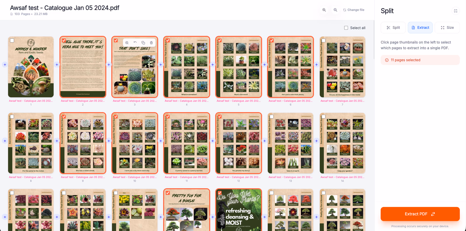 ReadLoudly Split PDF Extract tab with 11 non-consecutive catalogue pages ticked and a page toolbar with zoom, rotate, duplicate and remove buttons