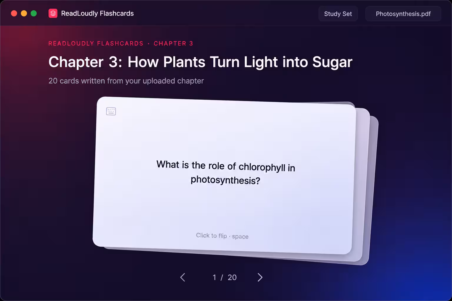 ReadLoudly Flashcards tool showing a deck of 20 AI-generated cards from a photosynthesis chapter, with the first card ready to flip