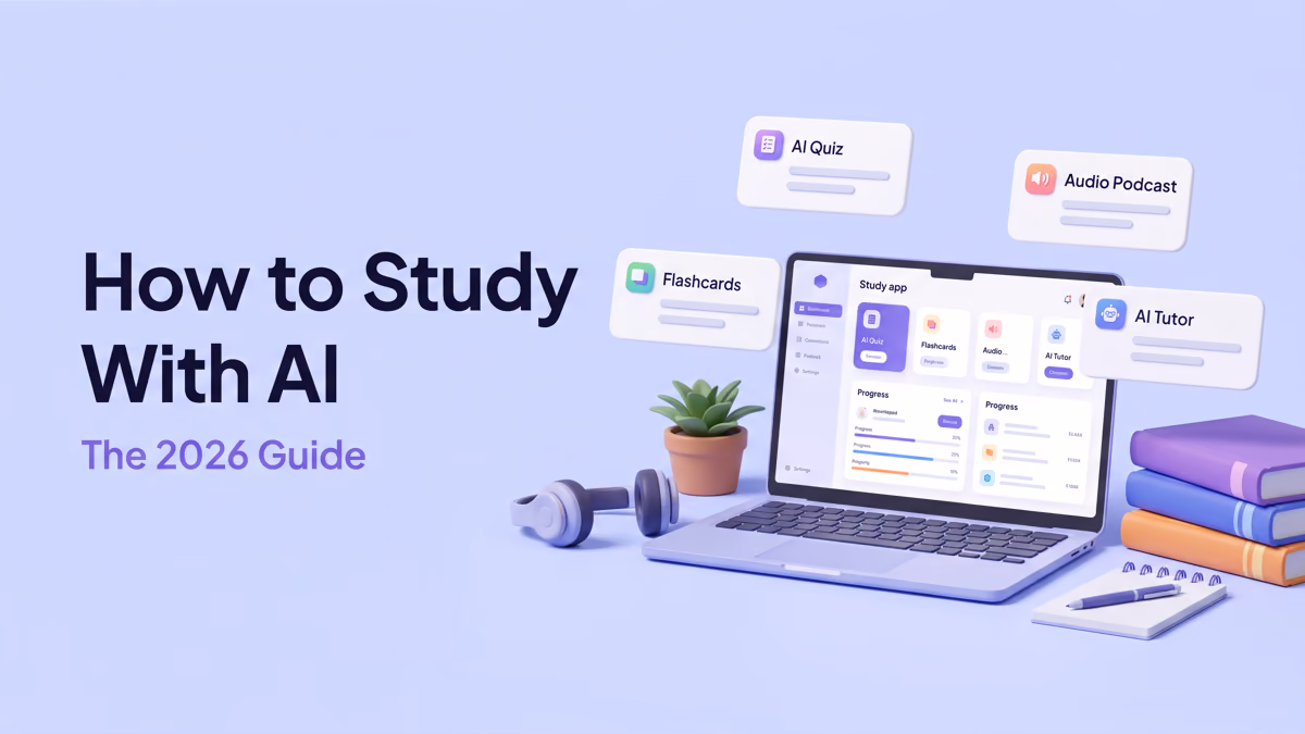 How to Study With AI in 2026: laptop with an AI study app surrounded by quiz, flashcard, podcast, and tutor cards