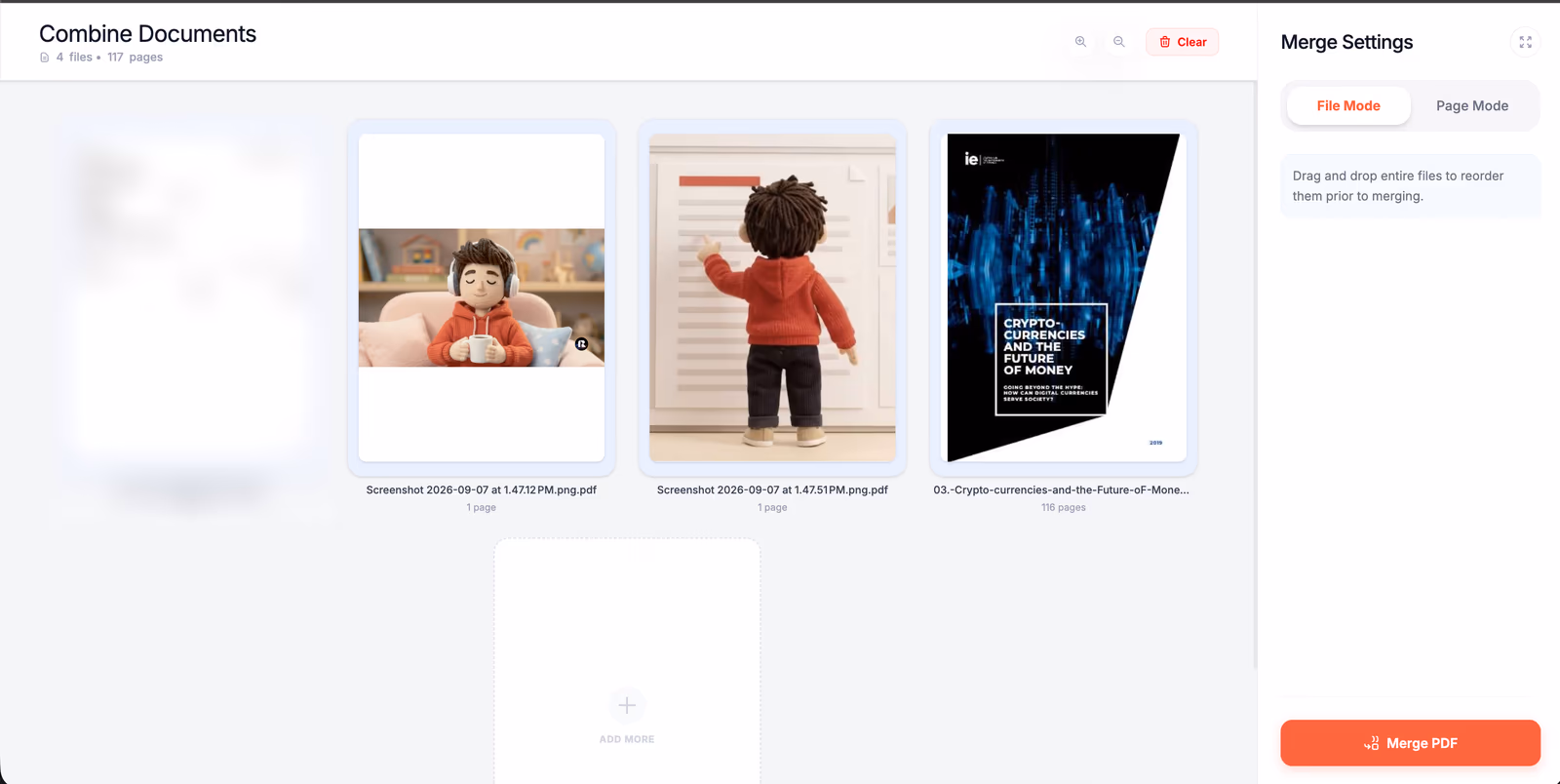 ReadLoudly Merge PDF in File Mode with four files, including two PNG images that became one-page PDFs, 117 pages in total