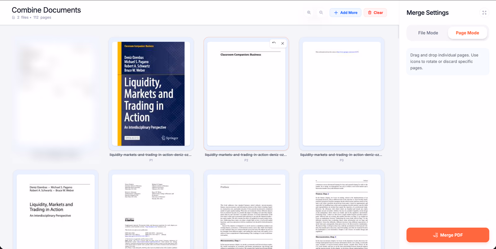 ReadLoudly Merge PDF in Page Mode showing single pages from two files, with rotate and discard buttons on one page