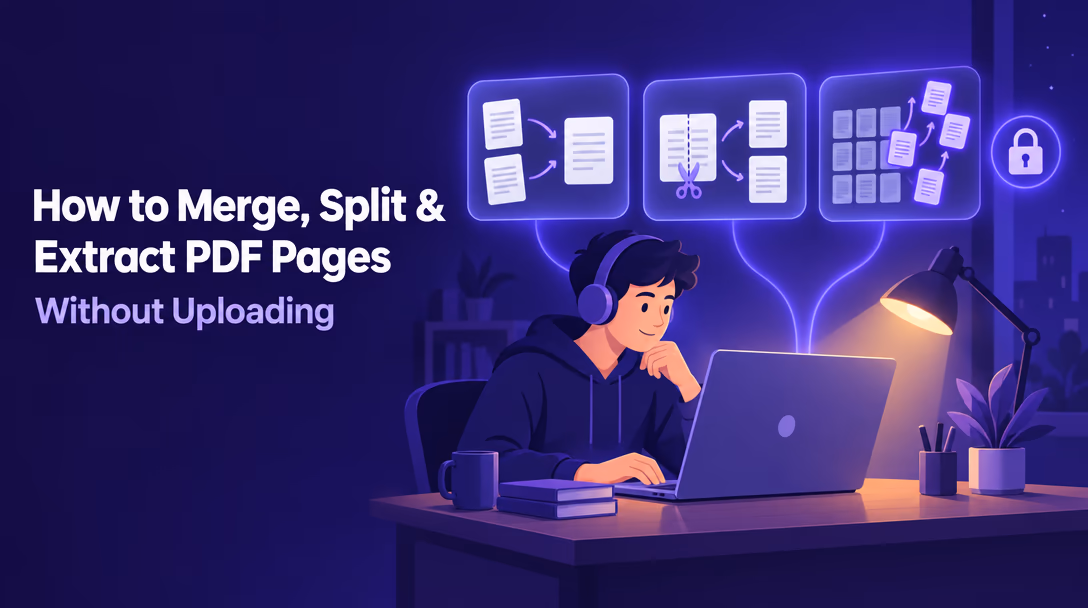 Illustration titled How to Merge, Split and Extract PDF Pages Without Uploading, with a student at a laptop under floating cards that merge, split and extract pages beside a padlock