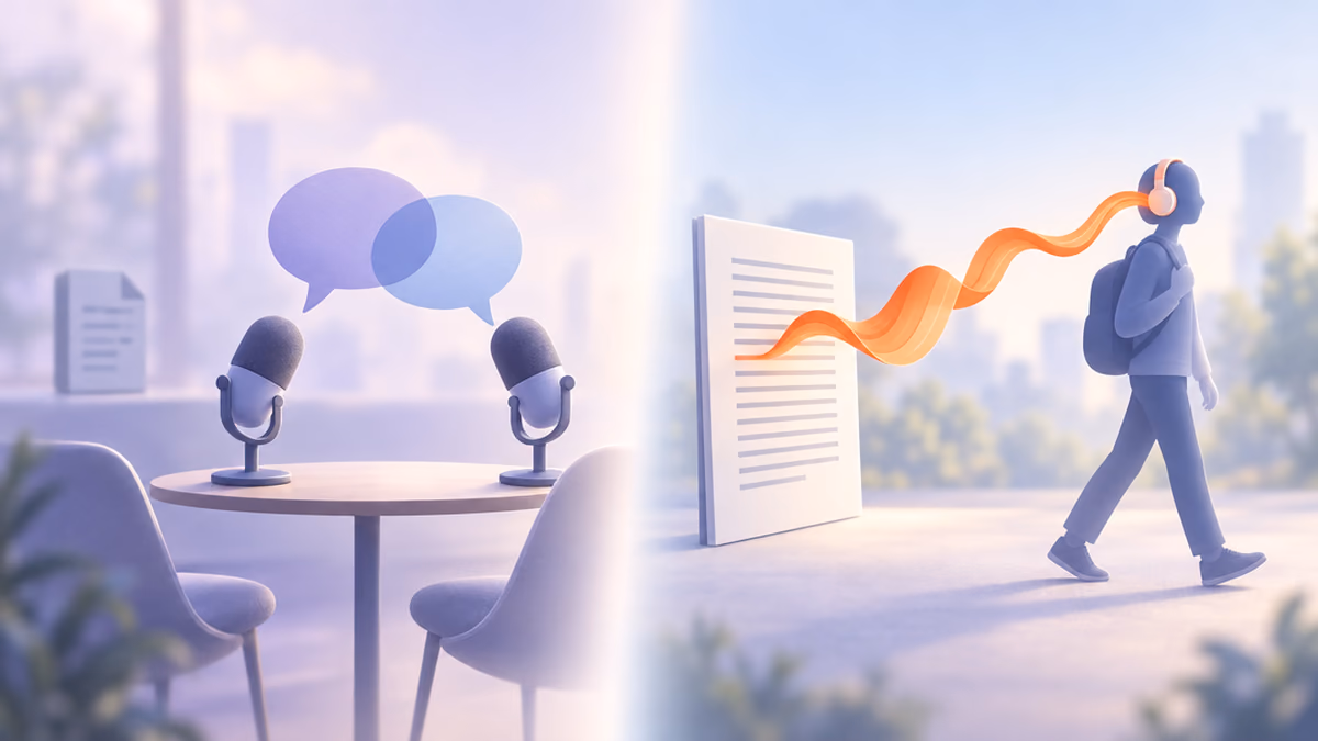 Split illustration: on the left two podcast microphones talk over a greyed-out document, on the right a document's text flows as an orange soundwave into the headphones of a walking student