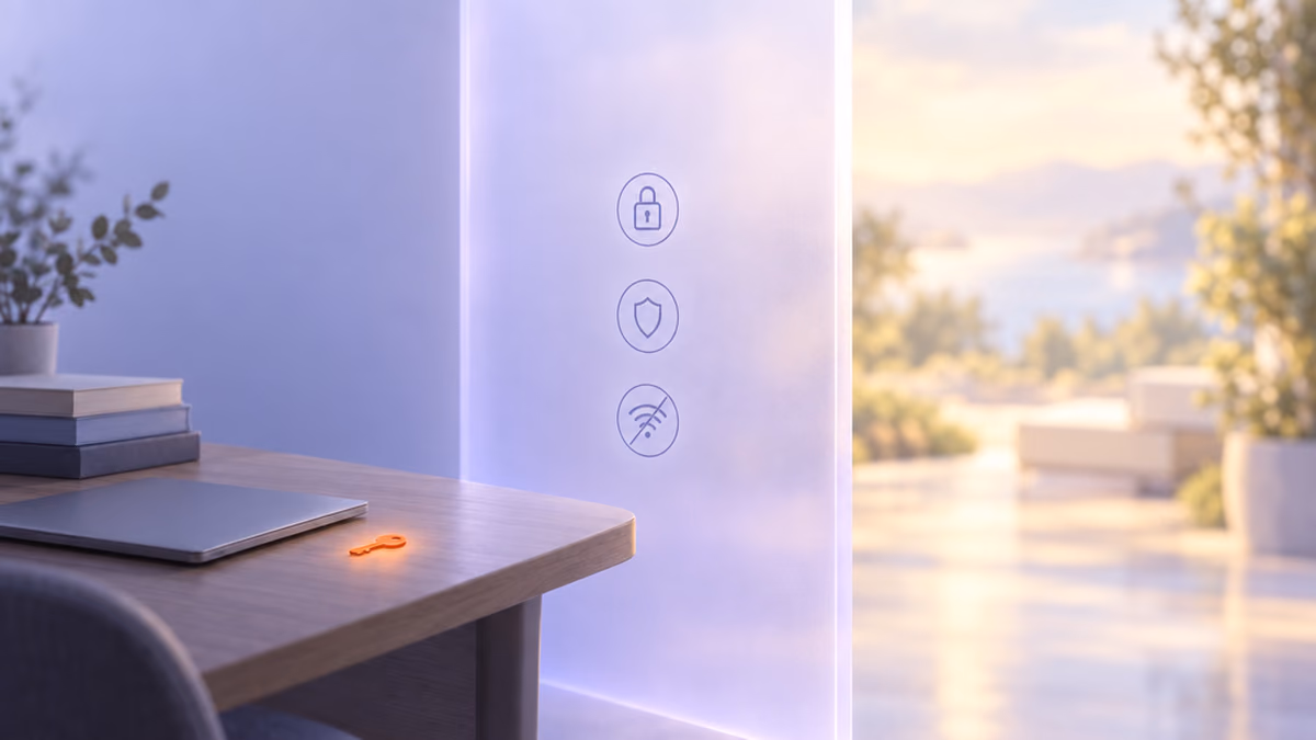 A study desk with a closed laptop behind a translucent barrier marked with padlock, shield and no-wifi icons, with a small orange key resting on the desk