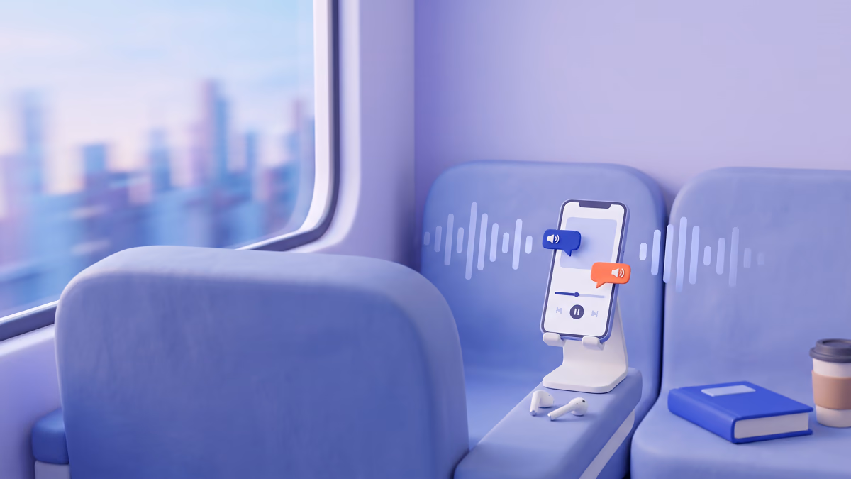 A train seat by the window with a phone in a stand playing a two-speaker study podcast, wireless earbuds, a textbook and a coffee cup