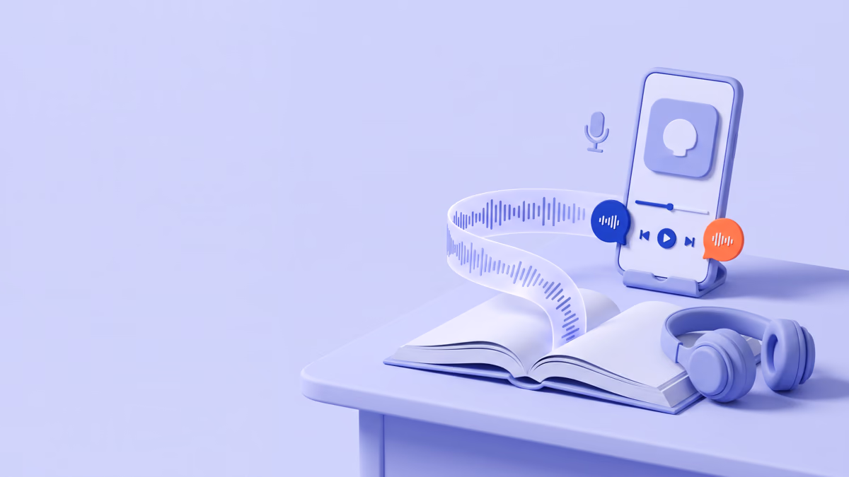 An open textbook on a desk with a ribbon of sound waves rising into a phone that shows a podcast player with two speaker bubbles, headphones resting beside it