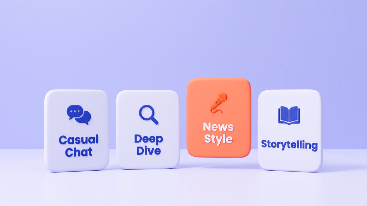 Four upright cards labelled Casual Chat, Deep Dive, News Style and Storytelling, the four podcast tones available in ReadLoudly Study Hub