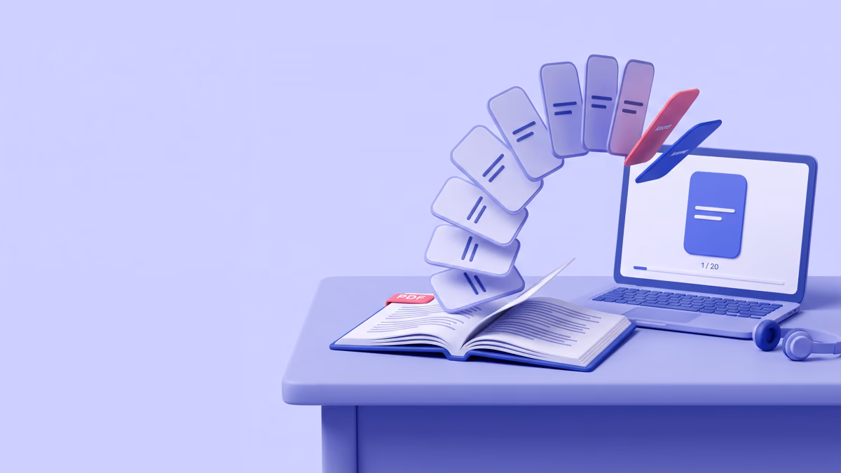 A PDF document on a desk turning into an arc of floating flashcards that land on a laptop showing card 1 of 20