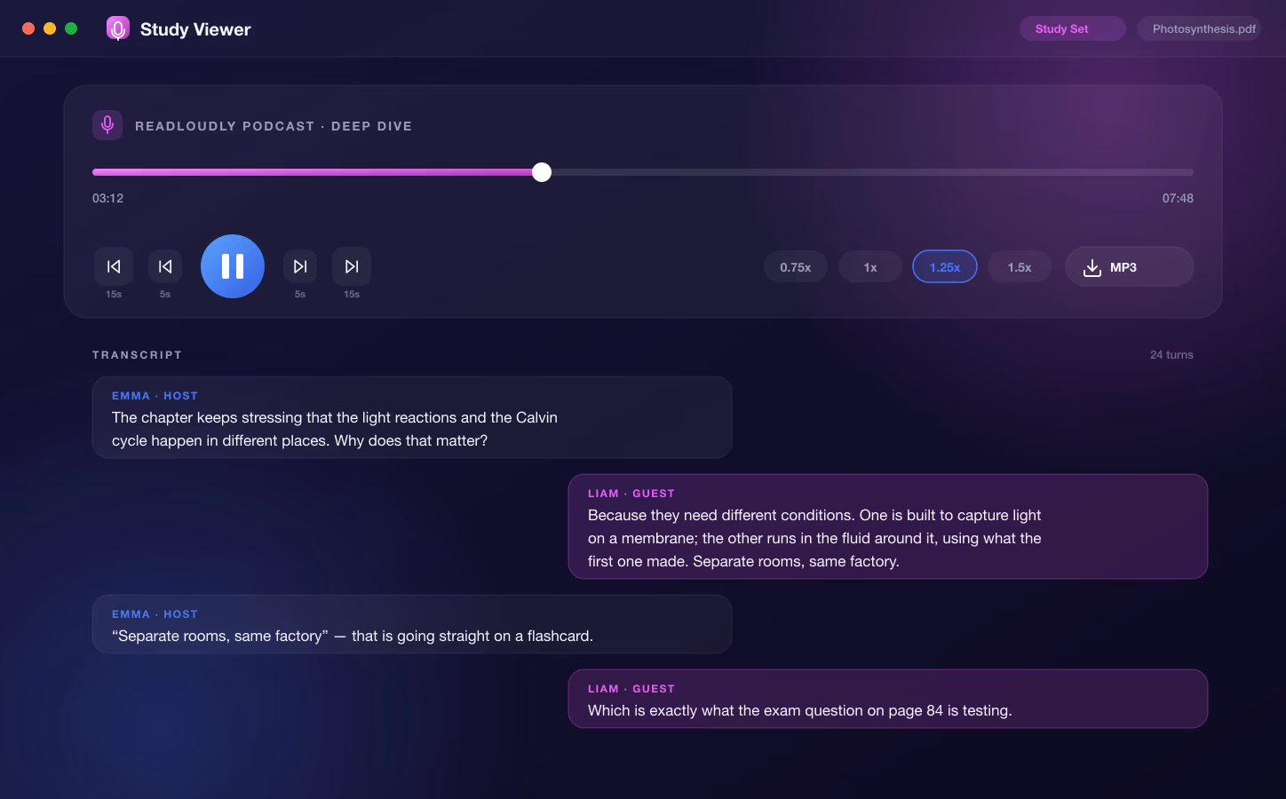 ReadLoudly Podcast player with seek bar, skip buttons, playback speeds, MP3 download and the transcript below