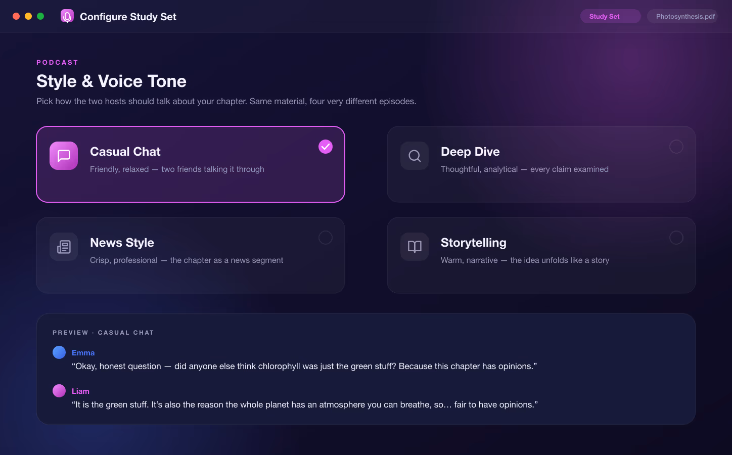 Choosing between Casual Chat, Deep Dive, News Style and Storytelling tones before generating a study podcast