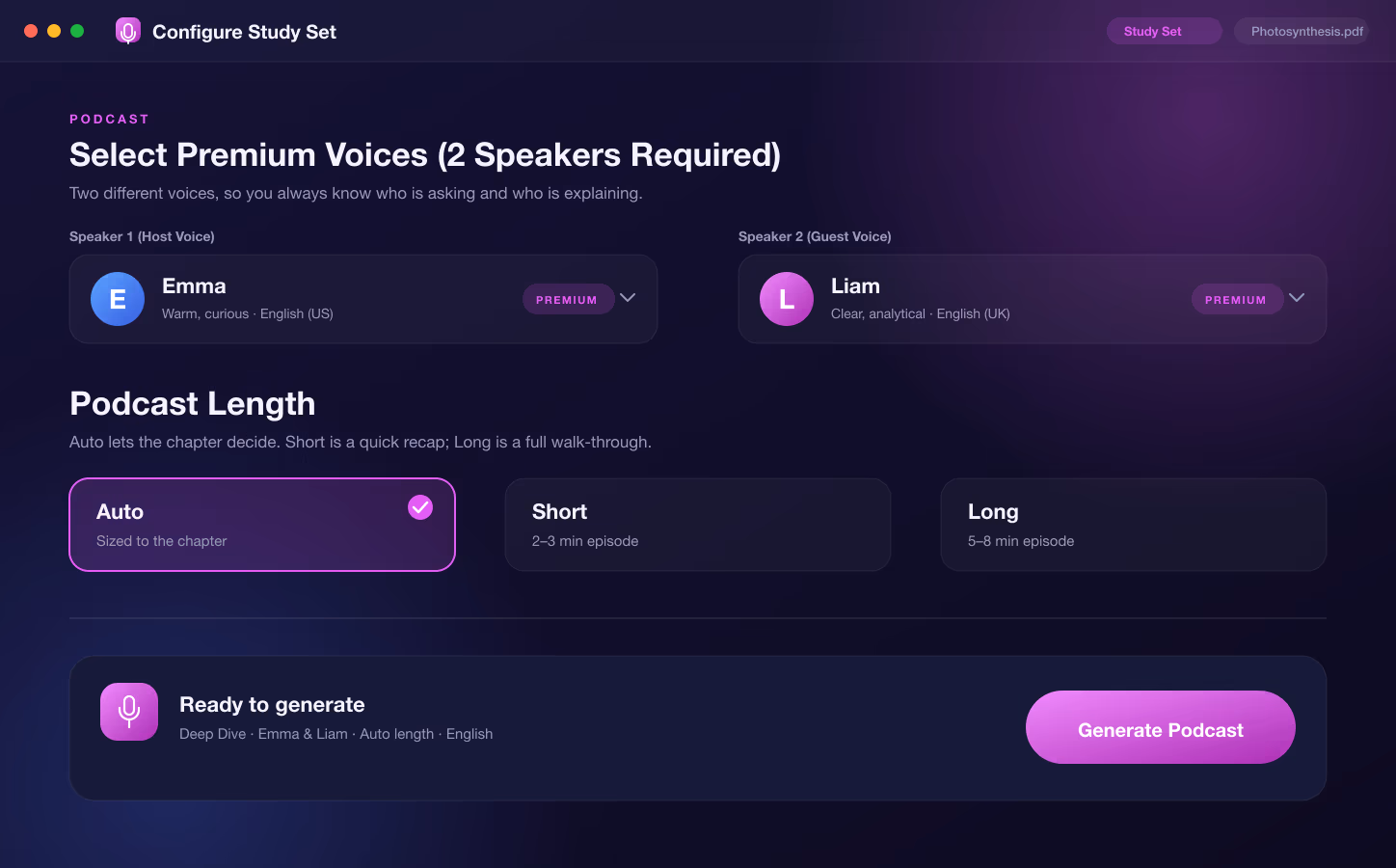 Selecting two premium voices and an Auto, Short or Long episode length for a ReadLoudly study podcast