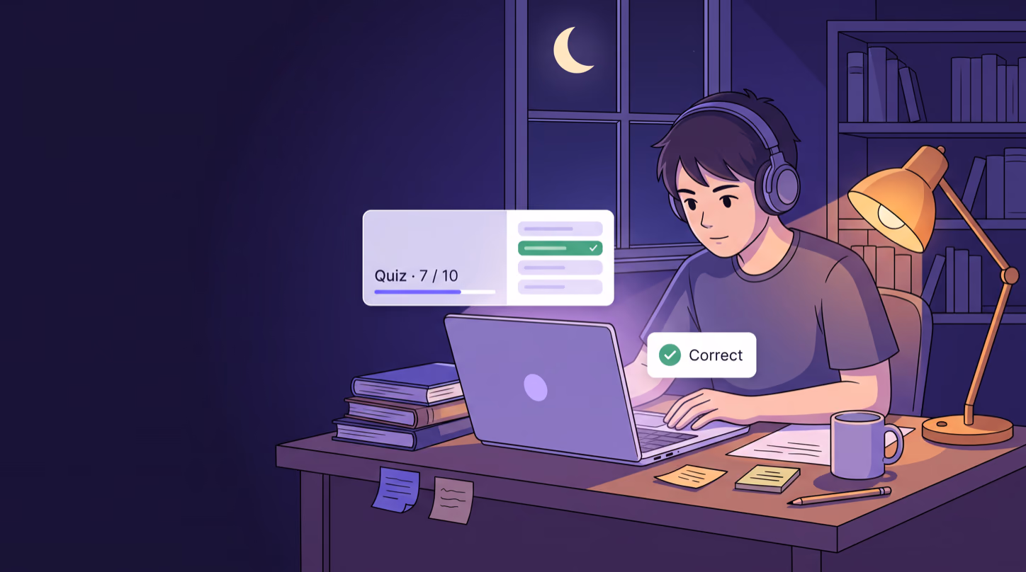 Student taking an AI-generated multiple choice quiz on a laptop at night, with the correct answer highlighted