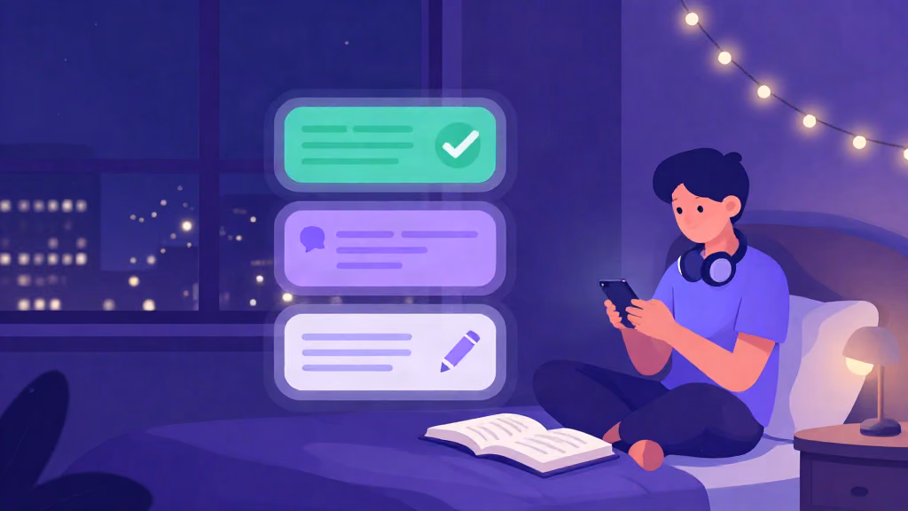 Student revising on a phone at night with a quiz question, a chat card, and a notes card from the same ReadLoudly study set