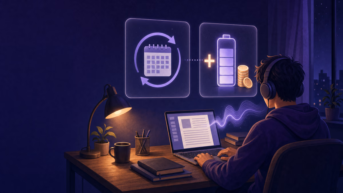 A student listening with headphones at a night-time desk under two floating cards, one showing a monthly refill and one showing a prepaid top-up