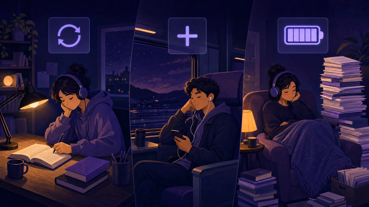 Three night-time listening scenes: a student with a monthly study habit at a desk, a commuter topping up on a night train, and a reader with a long project in an armchair