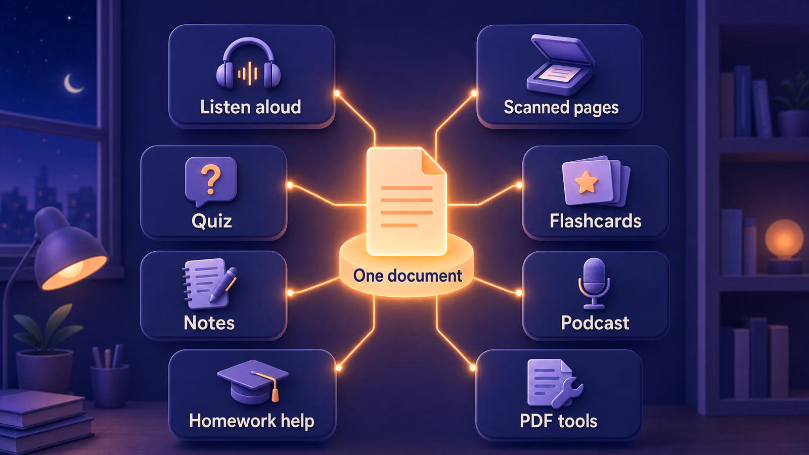 Diagram of one document at the center connected to eight uses in ReadLoudly: listen aloud, scanned pages, quiz, flashcards, notes, podcast, homework help and PDF tools