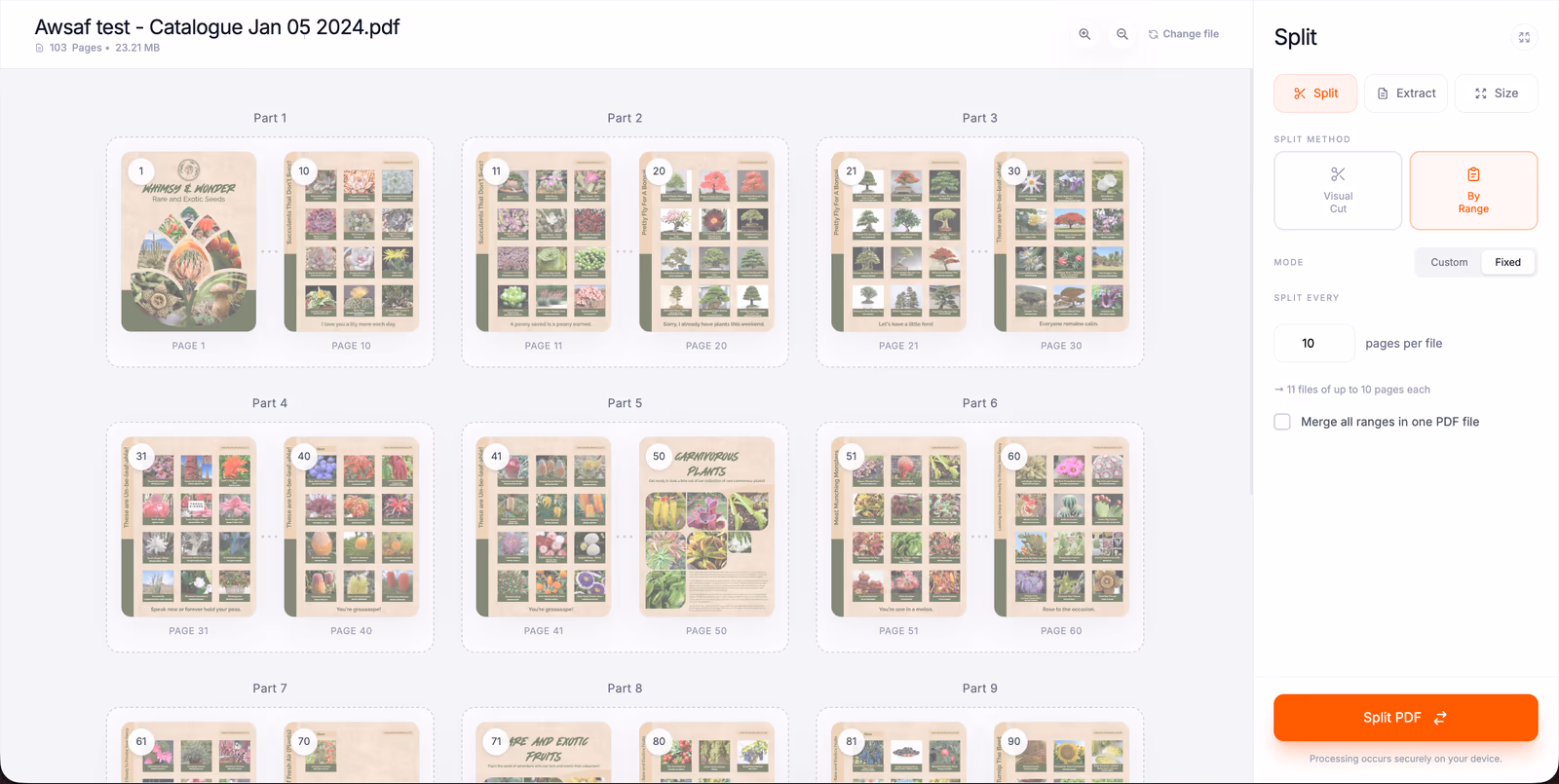 ReadLoudly Split PDF By Range in Fixed mode set to 10 pages per file, previewing the parts of a 103-page PDF as 11 files