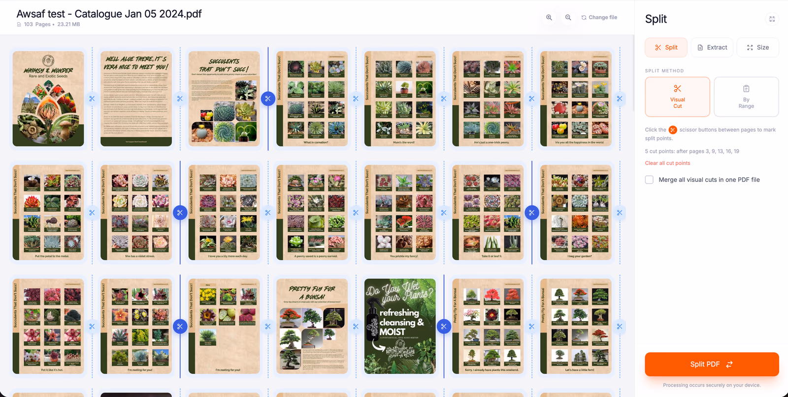 ReadLoudly Split PDF Visual Cut mode on a 103-page catalogue with five cut points marked after pages 3, 9, 13, 16 and 19