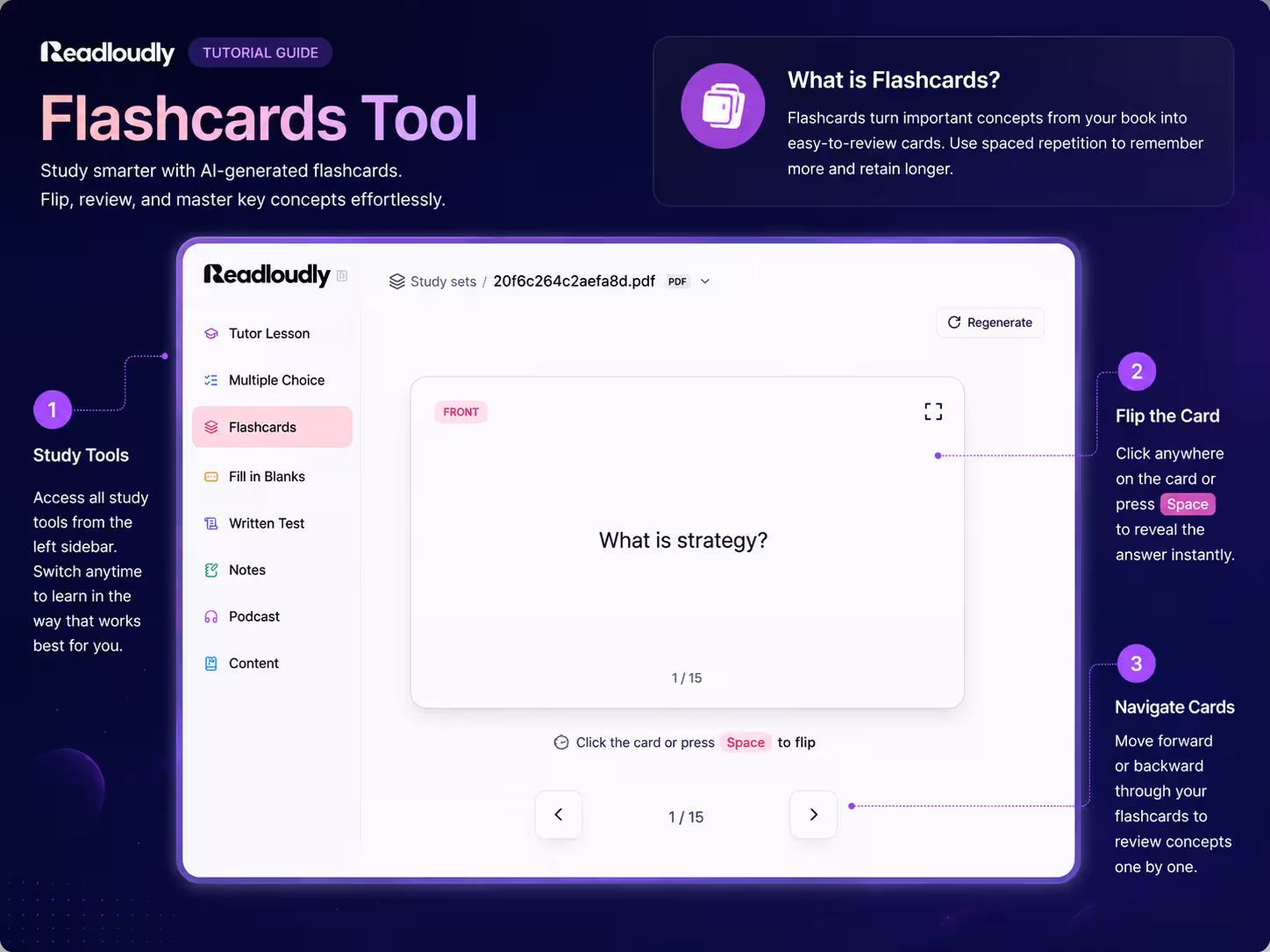 ReadLoudly Flashcards tool showing a flippable AI-generated study card