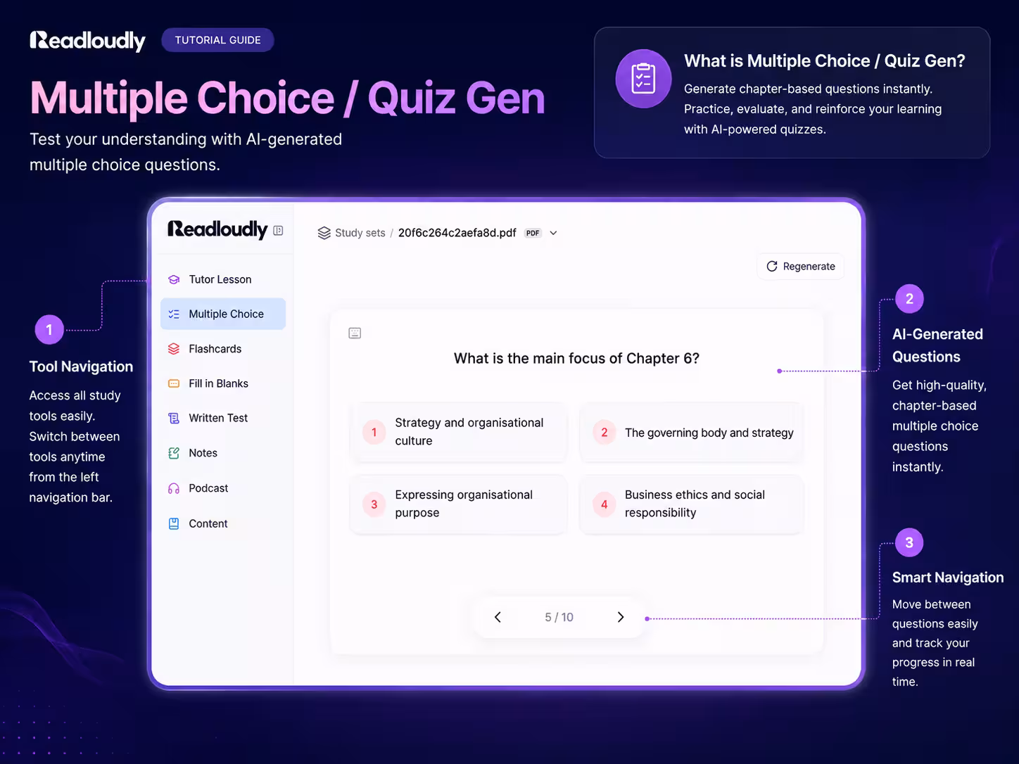 ReadLoudly Multiple Choice quiz generator showing an AI-generated question with four answer options