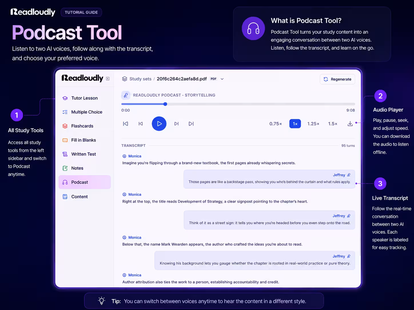 ReadLoudly Podcast tool showing a two-host AI audio player with a live transcript