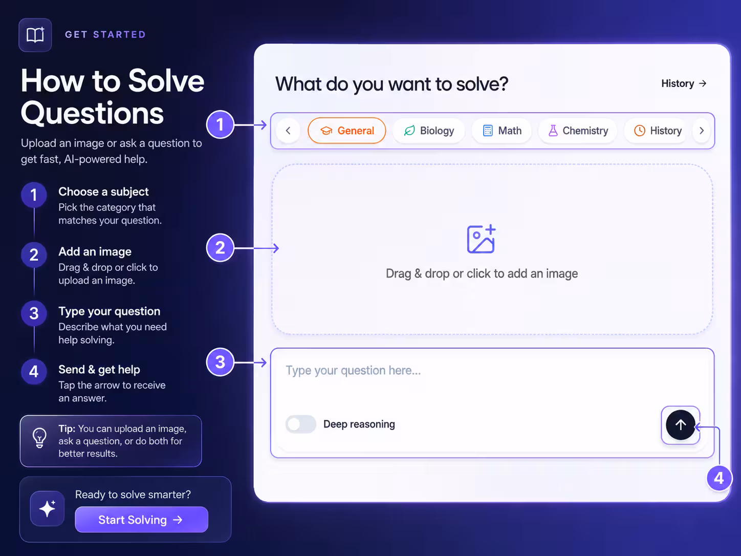 ReadLoudly Study Hub homework solver accepting a photo of a question and a subject selection