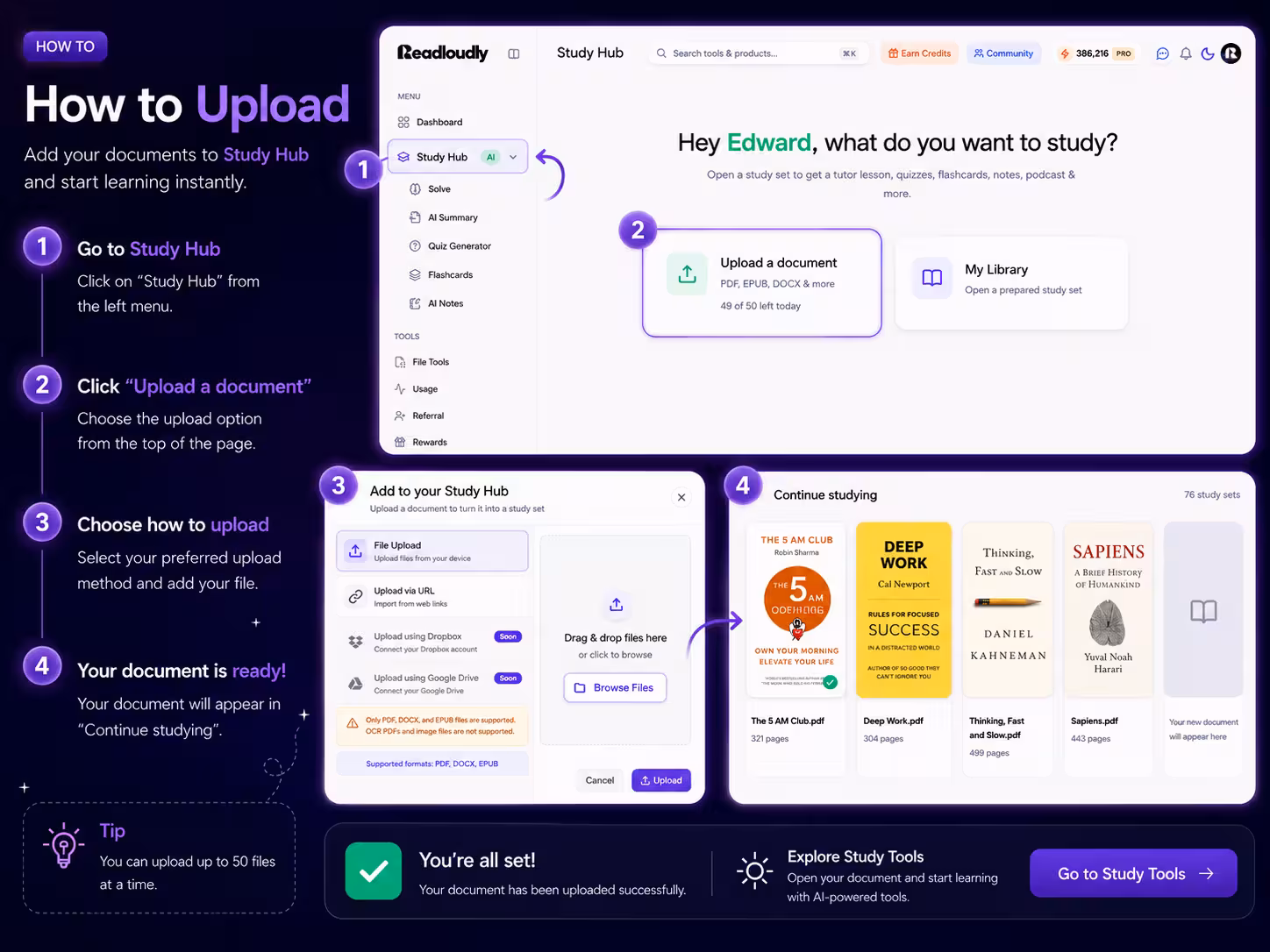 Uploading a PDF to ReadLoudly Study Hub to create a new study set