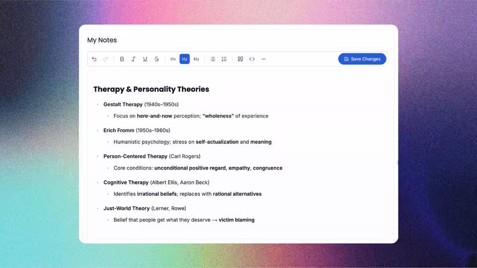 ReadLoudly study notes on therapy and personality theories, shown in an editor with headings and nested bullet points