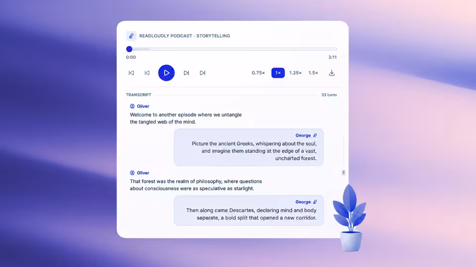 A ReadLoudly two-host study podcast with a player, speed controls and a transcript of the conversation