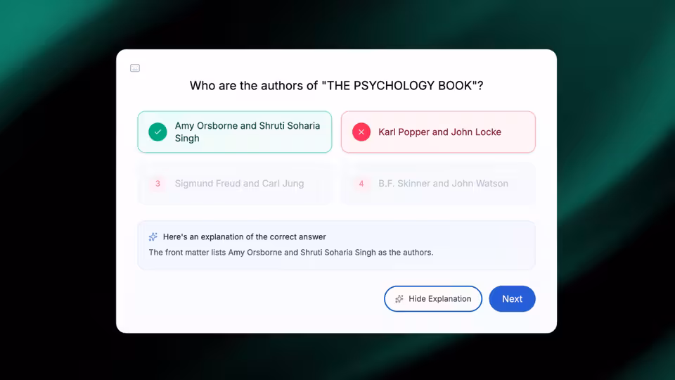 A ReadLoudly multiple-choice question about the authors of The Psychology Book, with the correct answer marked and an explanation underneath