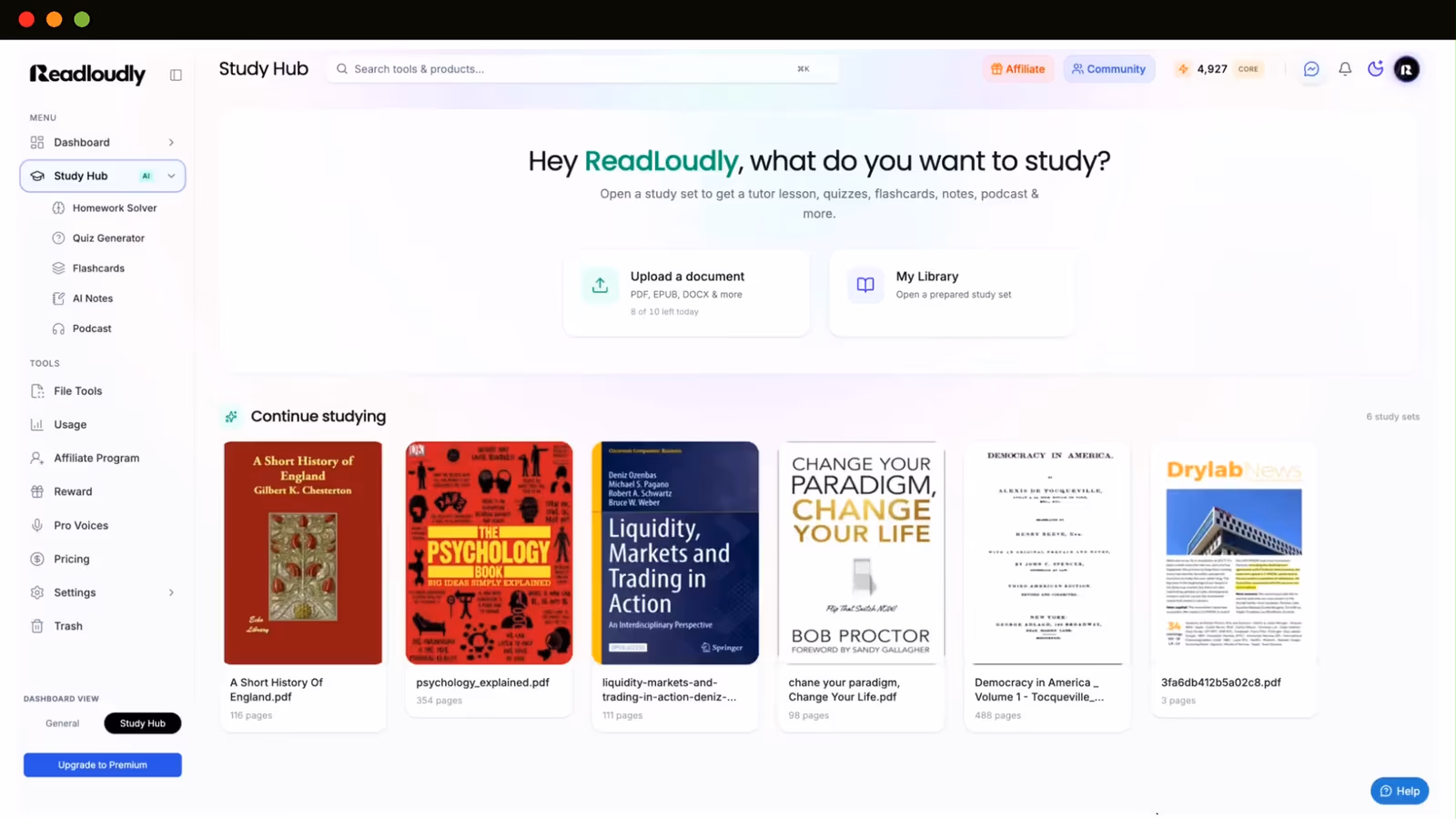 ReadLoudly Study Hub home screen with an upload a document option, a library of study sets and a sidebar listing homework solver, quiz generator, flashcards, AI notes and podcast tools