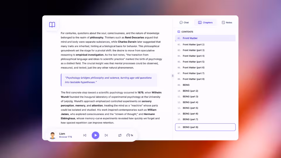 A ReadLoudly tutor lesson showing the chapter text beside a contents list, with an audio player at the bottom
