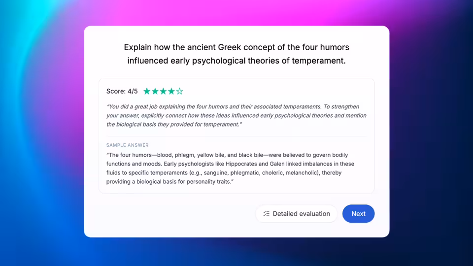 A ReadLoudly written question about Greek humours, scored four out of five with feedback and a sample answer