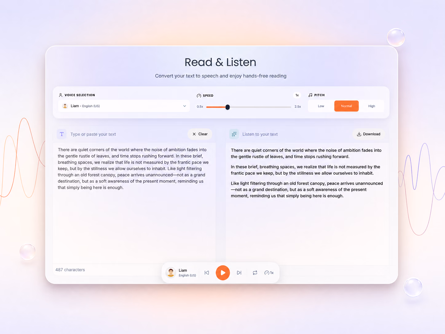 ReadLoudly text to speech reader: pasted text on the left, the spoken text with highlighting on the right, voice, speed and pitch controls above and a play bar below