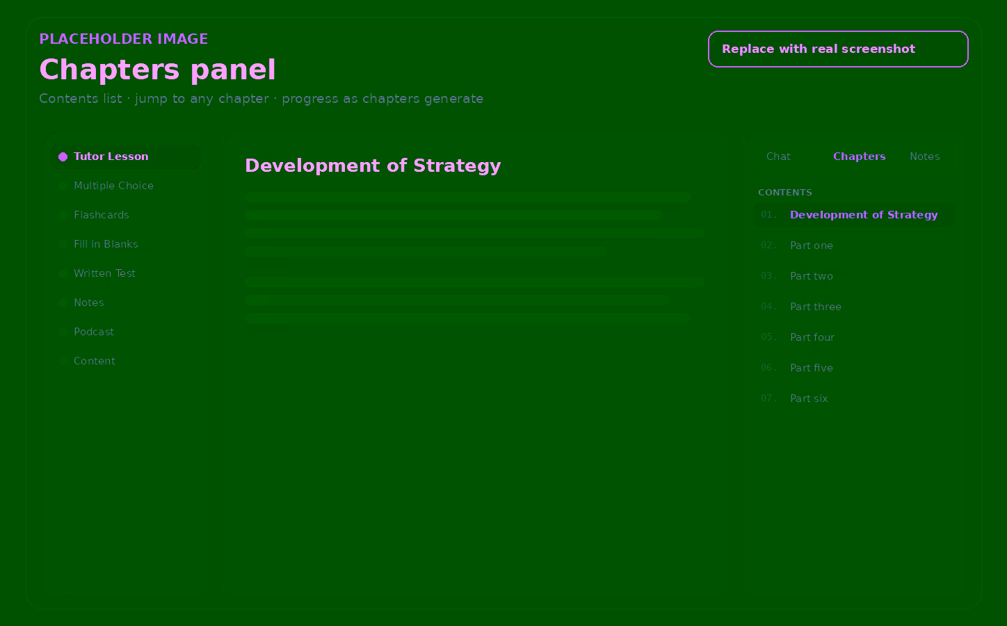 Tutor Lesson chapters panel listing every chapter of the uploaded document