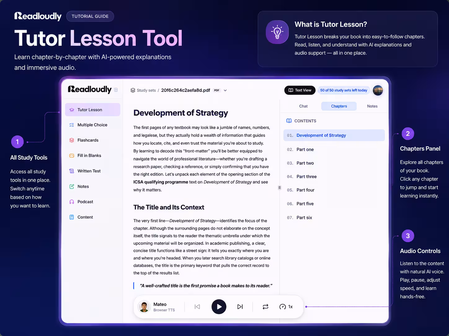 ReadLoudly Tutor Lesson turning a textbook chapter into a guided AI lesson with audio