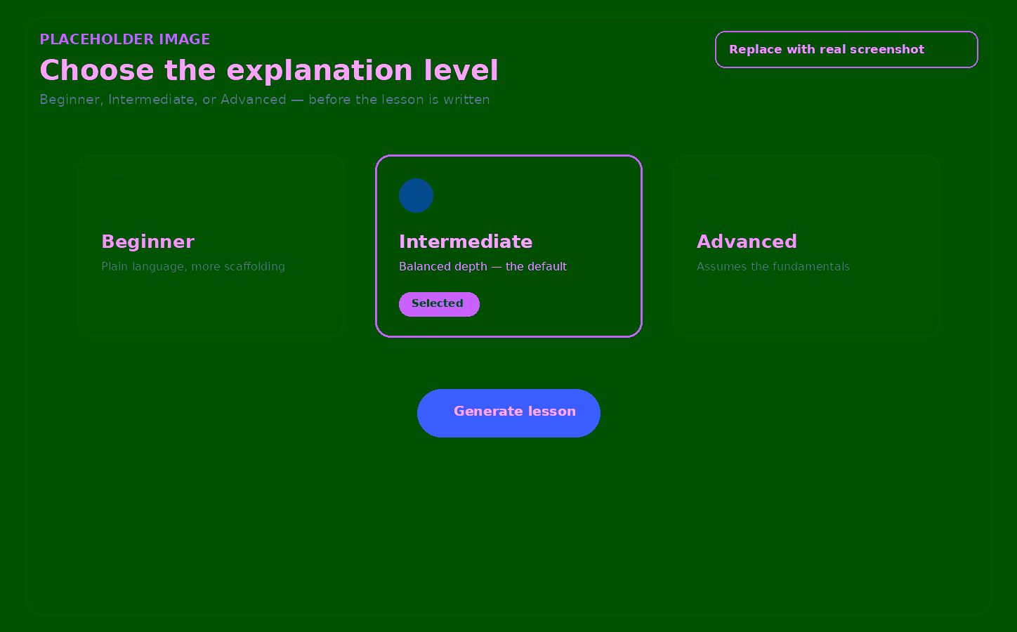 Choosing a beginner, intermediate, or advanced explanation level before generating a Tutor Lesson